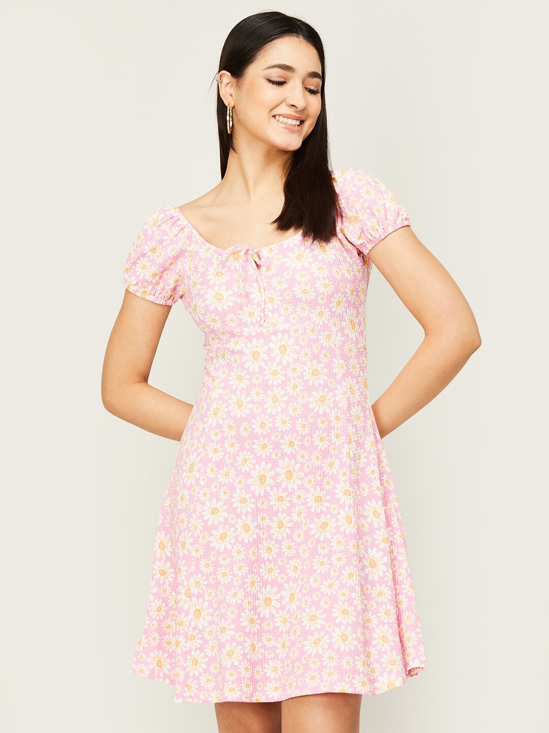 

Ginger by Lifestyle Floral Printed Tie-Up Neck A-Line Dress, Pink