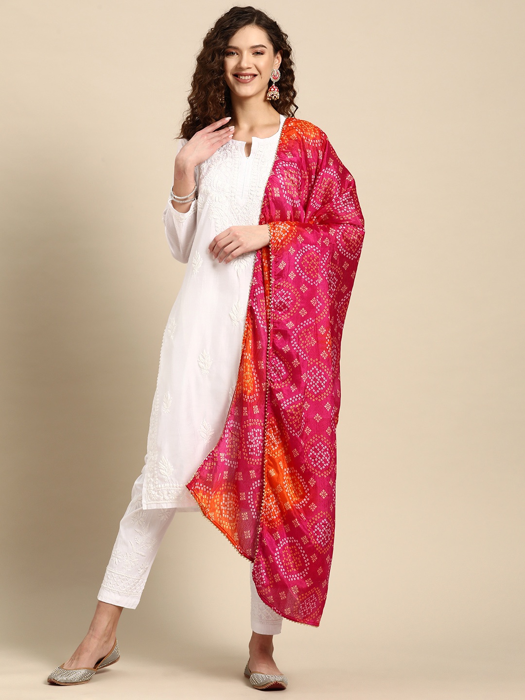 

Saadgi Ethnic Motifs Embroidered Chikankari Chanderi Cotton Kurta with Trousers & Dupatta, White