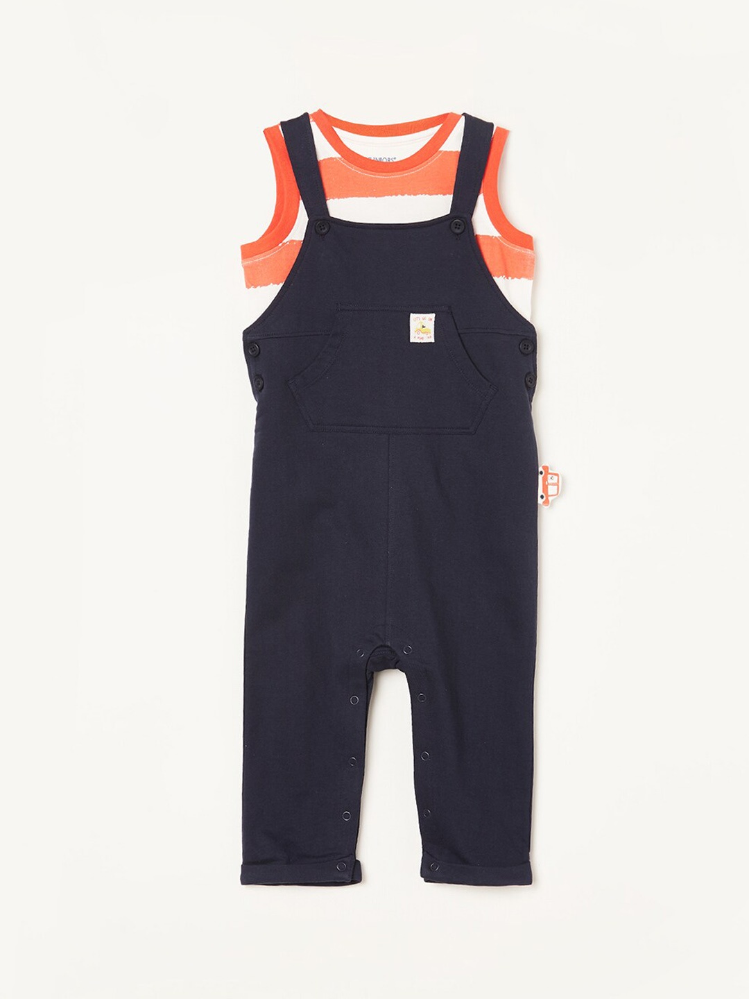 

Juniors by Lifestyle Boys Cotton Dungaree With Striped T-Shirt, Navy blue