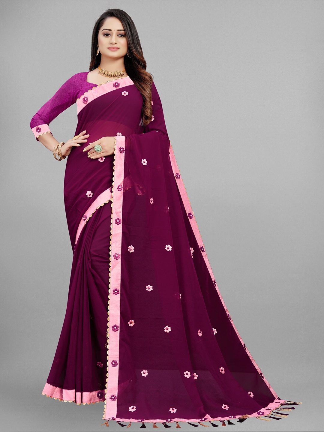 

Fashion FRICKS Floral Embellished Pure Georgette Saree, Purple