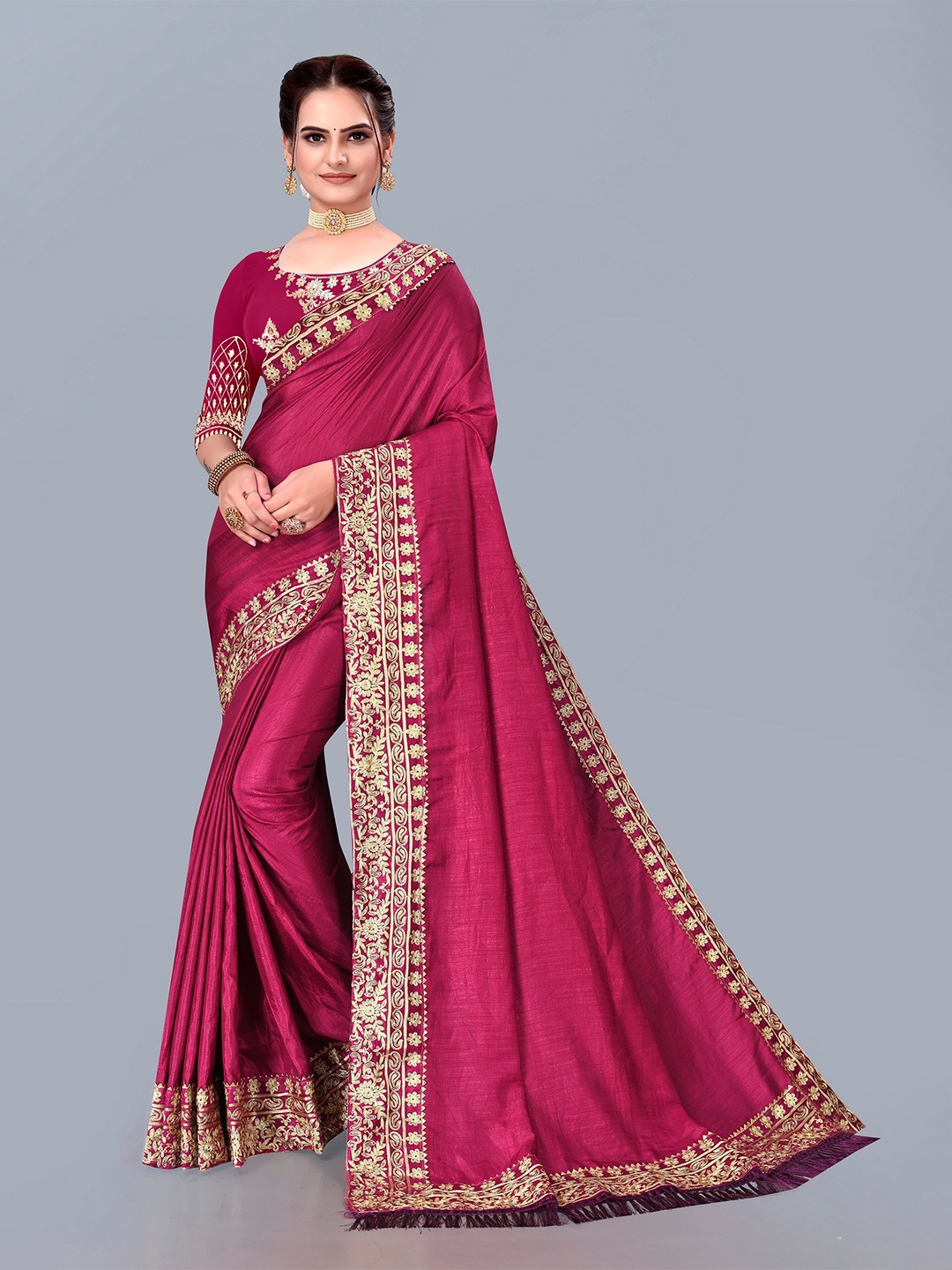 

Fashion FRICKS Embroidered Pure Silk Saree, Purple