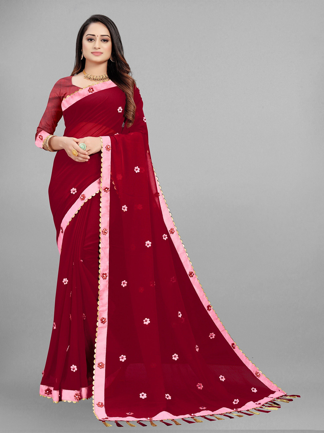 

Fashion FRICKS Embellished Pure Georgette Saree, Maroon