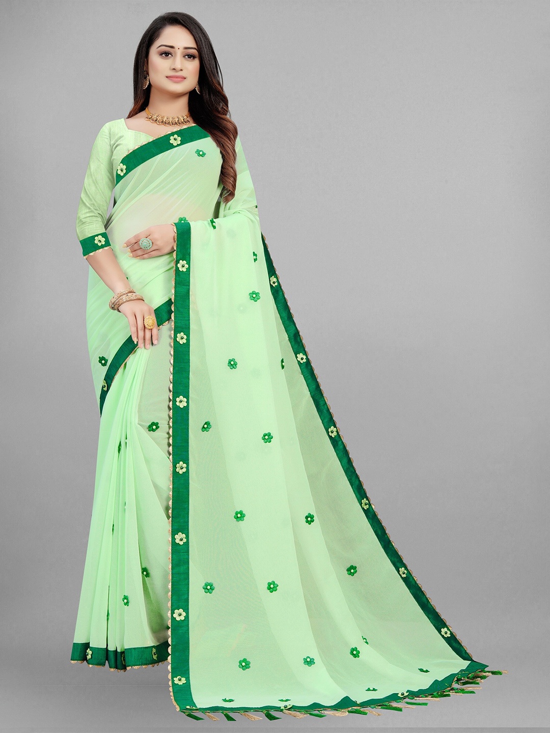 

Fashion FRICKS Applique Embellished Pure Georgette Saree, Sea green