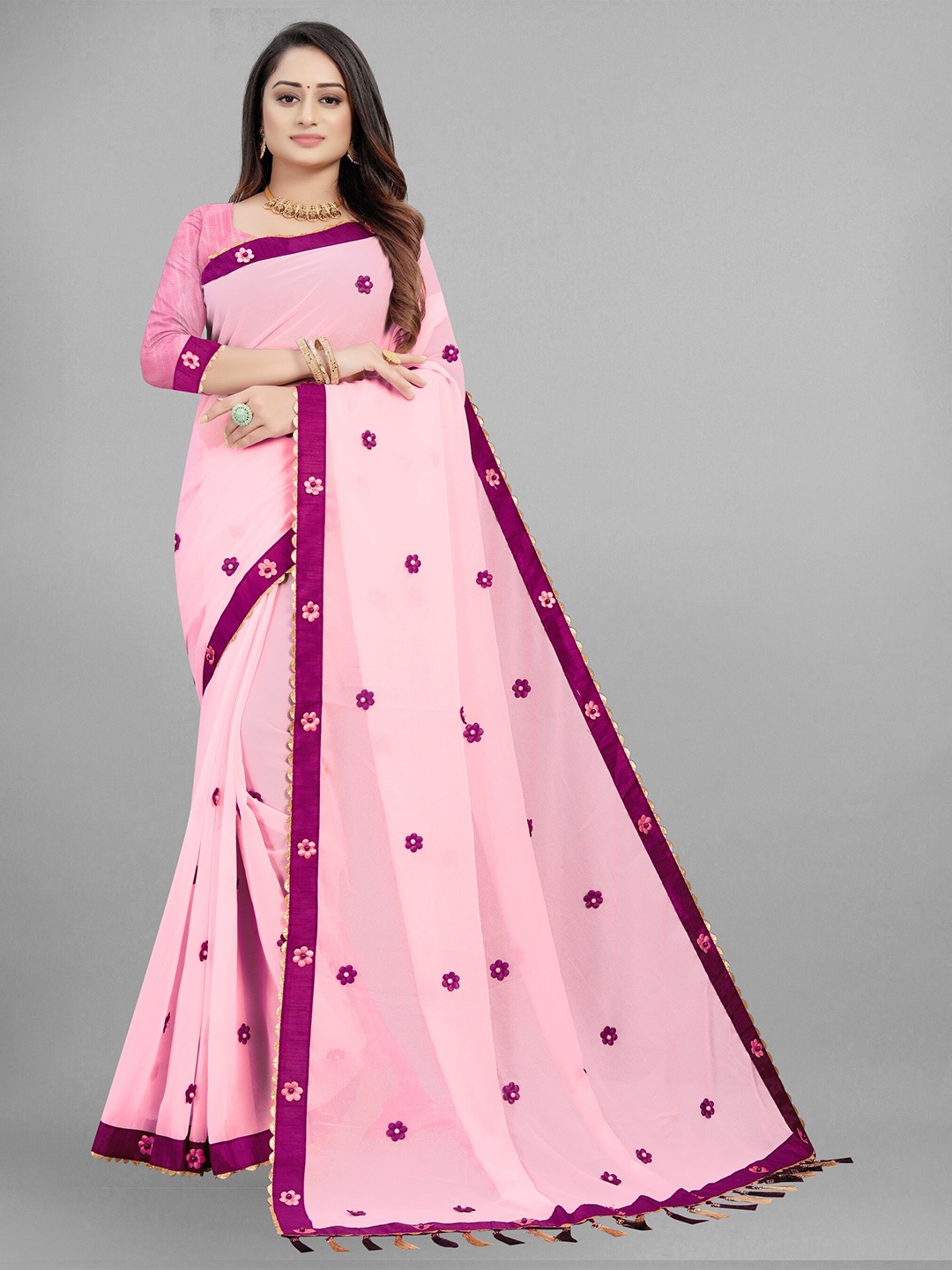 

Fashion FRICKS Beads and Stone Floral Embroidered Pure Georgette Saree, Pink