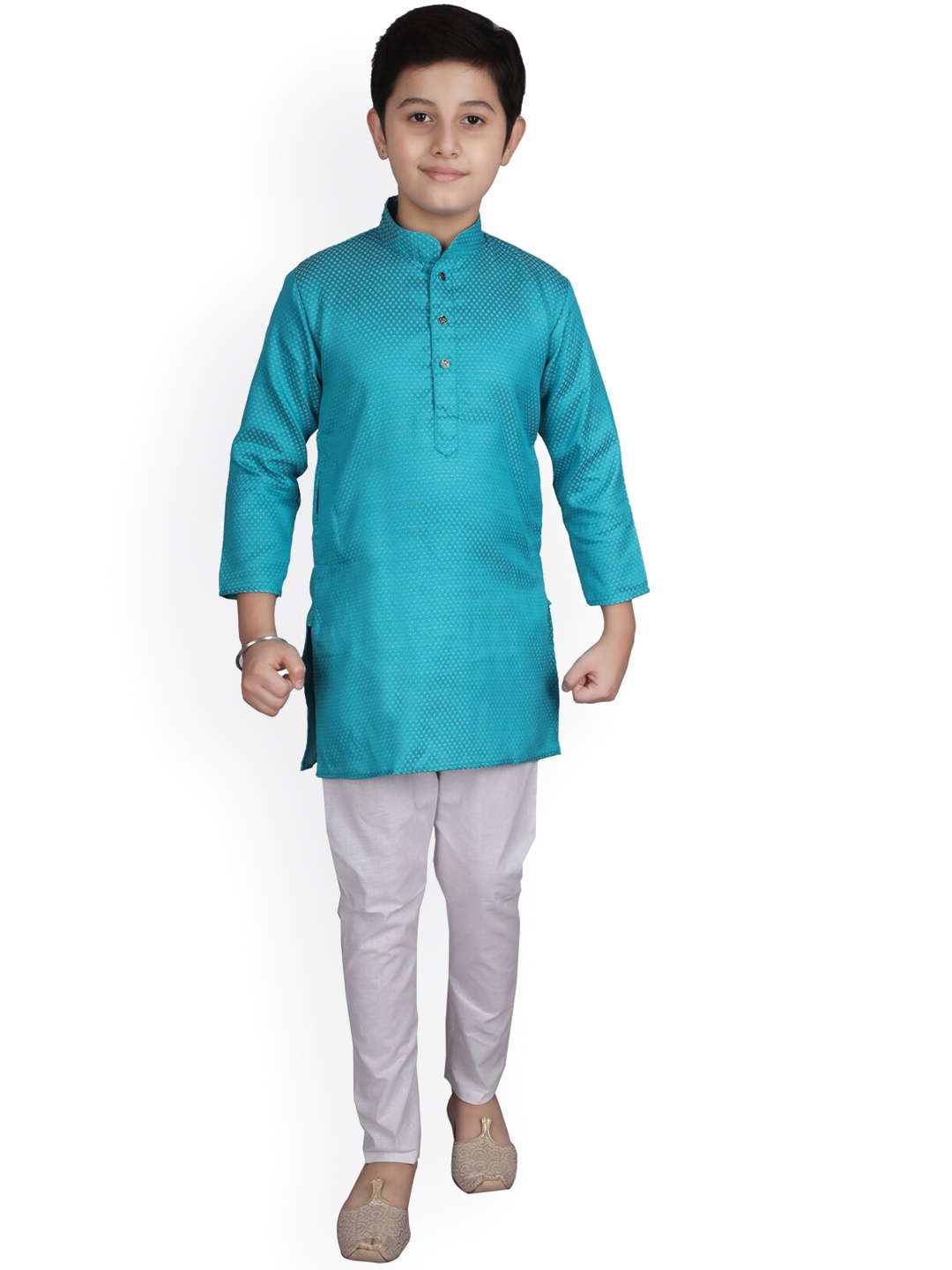 

Pro-Ethic STYLE DEVELOPER Boys Geometric Woven design Mandarin Collar Kurta With Pyjamas, Turquoise blue