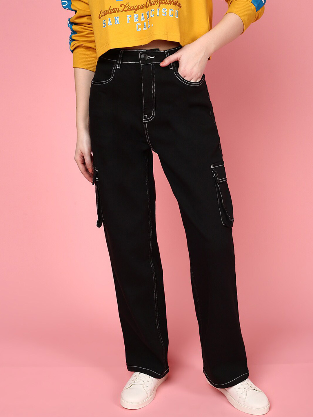 

JUNEBERRY Women Original Straight Fit High-Rise Stretchable Jeans, Black