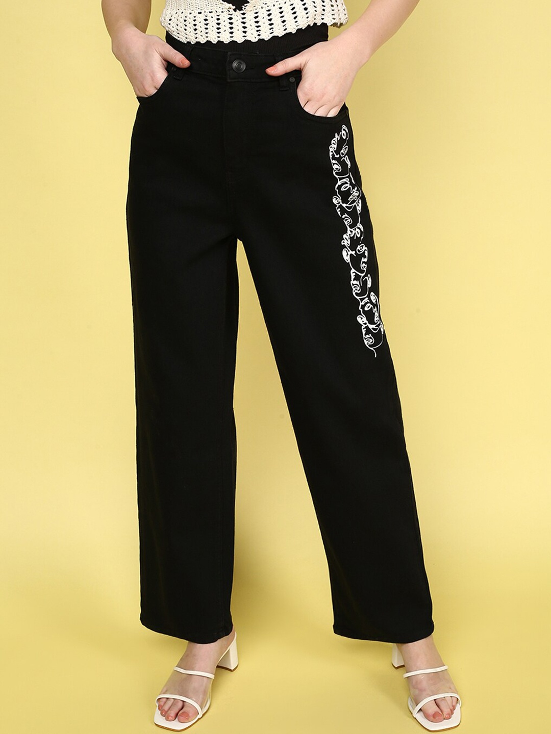 

JUNEBERRY Women Original Wide Leg High-Rise Stretchable Cotton Jeans, Black