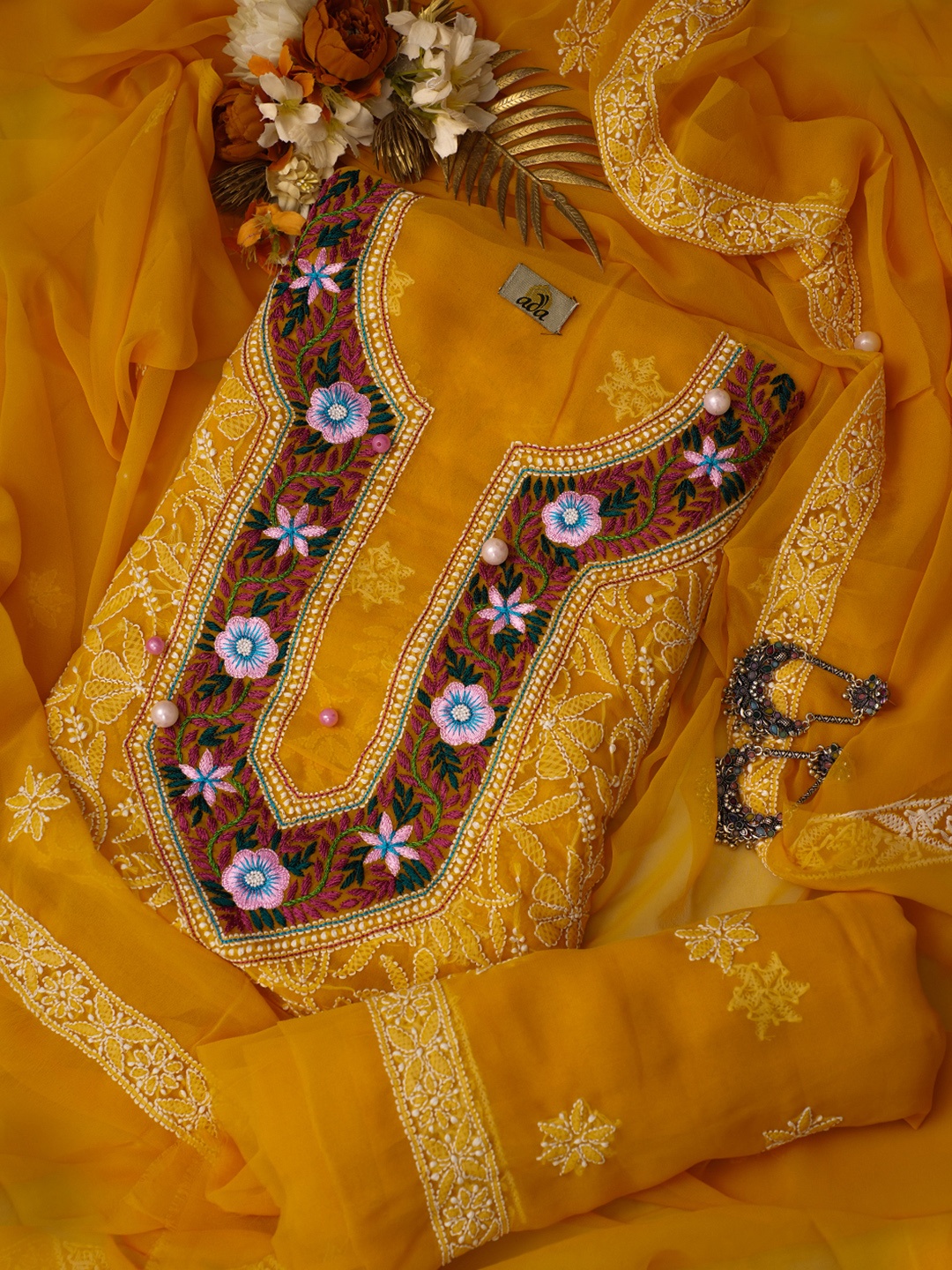 

ADA Embroidered Unstitched Dress Material, Mustard