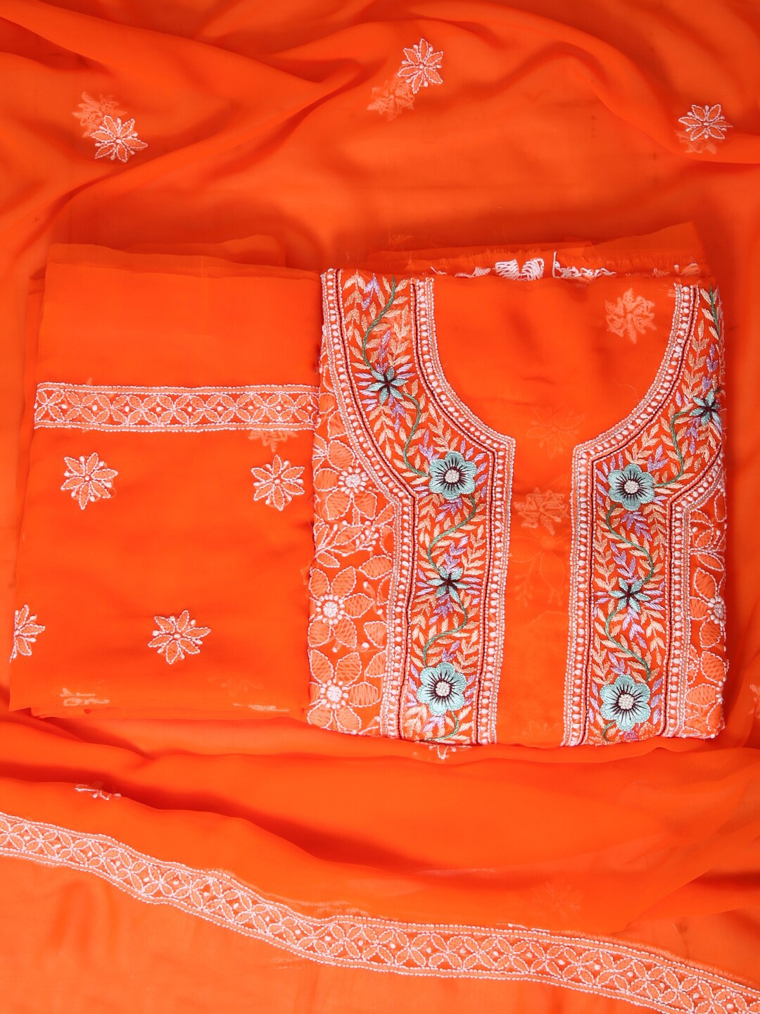 

ADA Ethnic Motifs Embroidered Chikankari Unstitched Dress Material, Orange