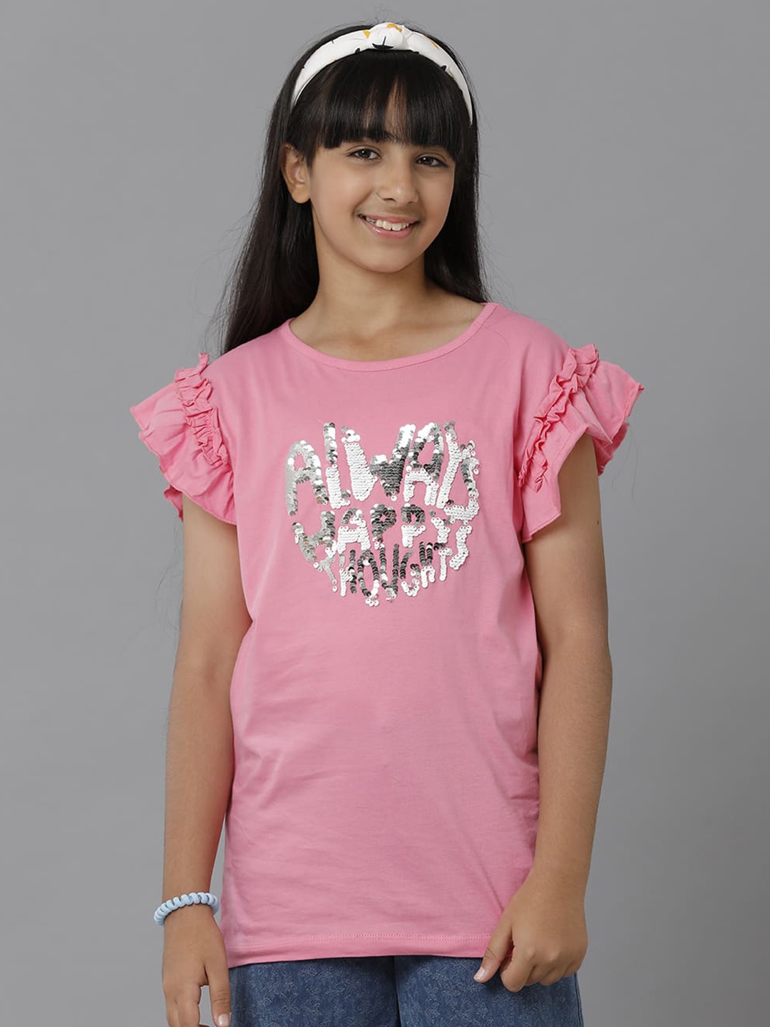 

UNDER FOURTEEN ONLY Girls Extended Ruffle Sleeves Embellished Cotton T-shirt, Pink