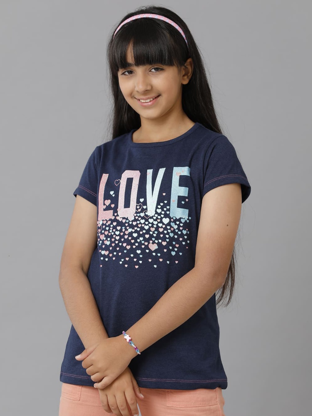 

UNDER FOURTEEN ONLY Girls Typography Placement Printed Cotton T-shirt, Navy blue