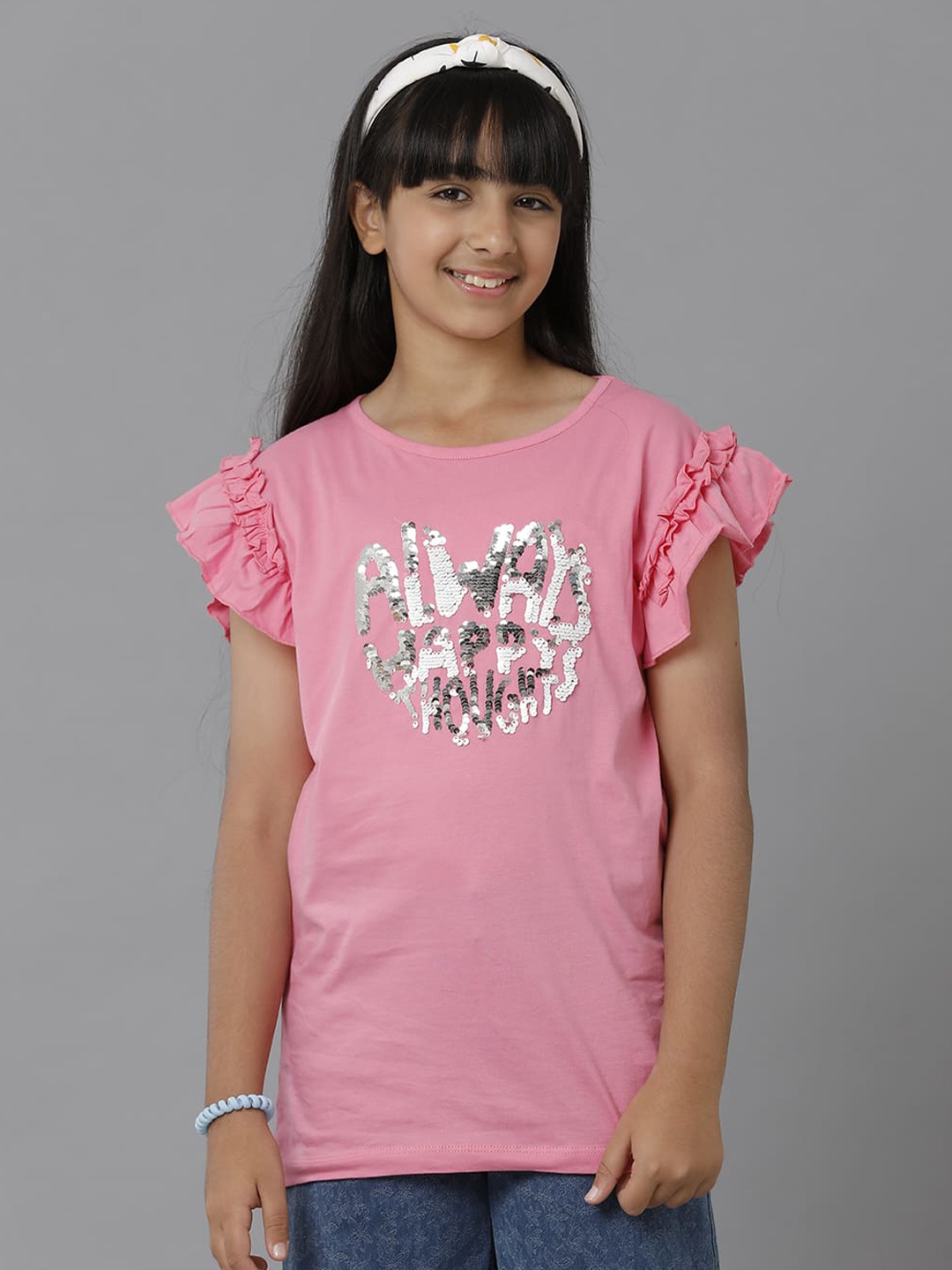 

UNDER FOURTEEN ONLY Girls Sequin Embellished Ruffled Sleeves Cotton T-shirt, Pink