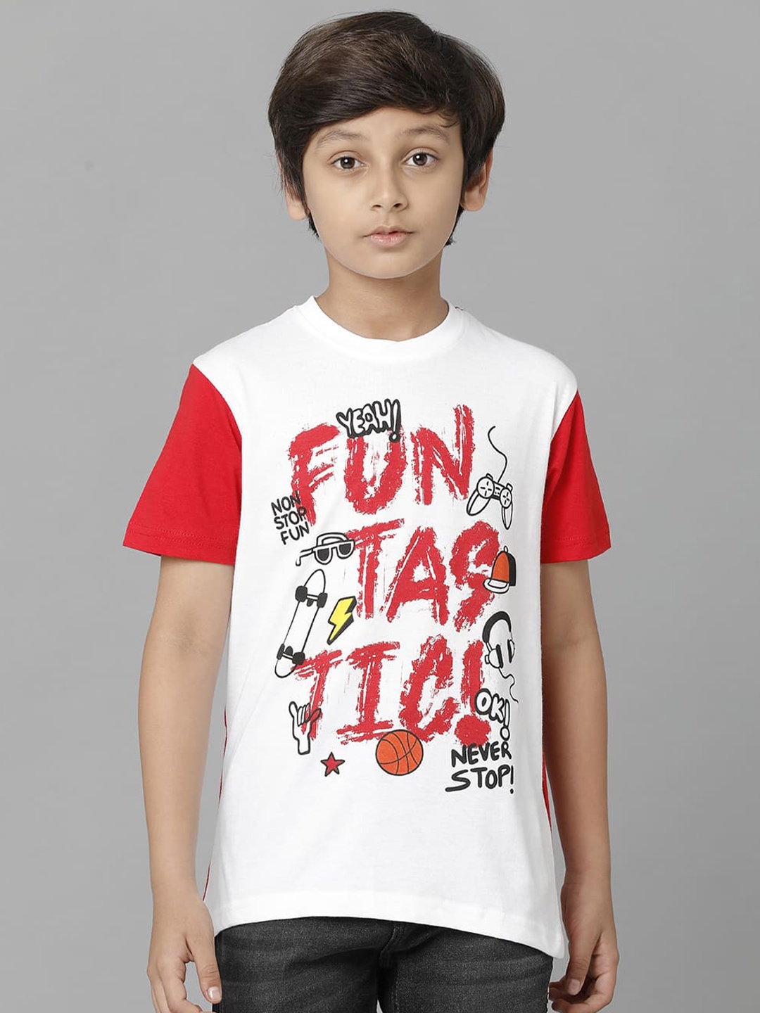 

UNDER FOURTEEN ONLY Boys Typography Printed Round Neck Cotton T-shirt, Red