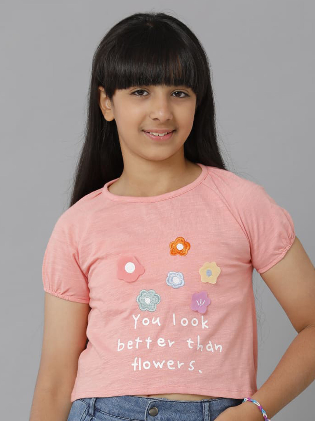 

UNDER FOURTEEN ONLY Girls Typography Printed Cotton T-shirt, Peach