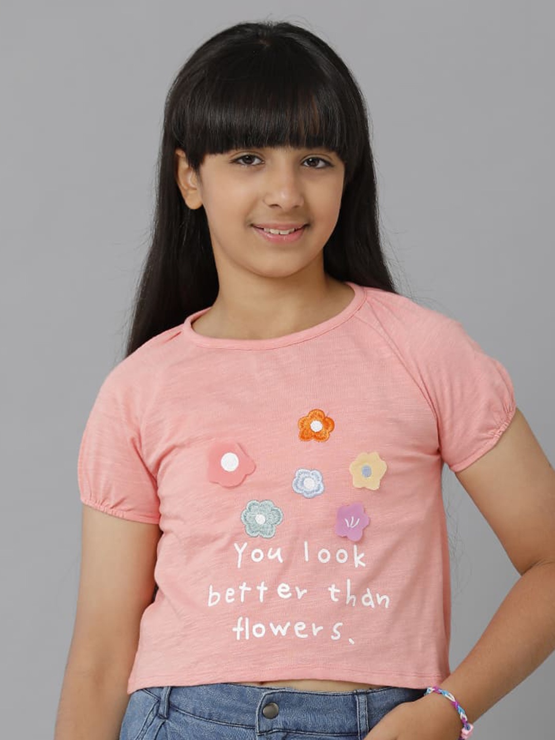 

UNDER FOURTEEN ONLY Girls Graphic Printed Embellished Cotton T-shirt, Peach