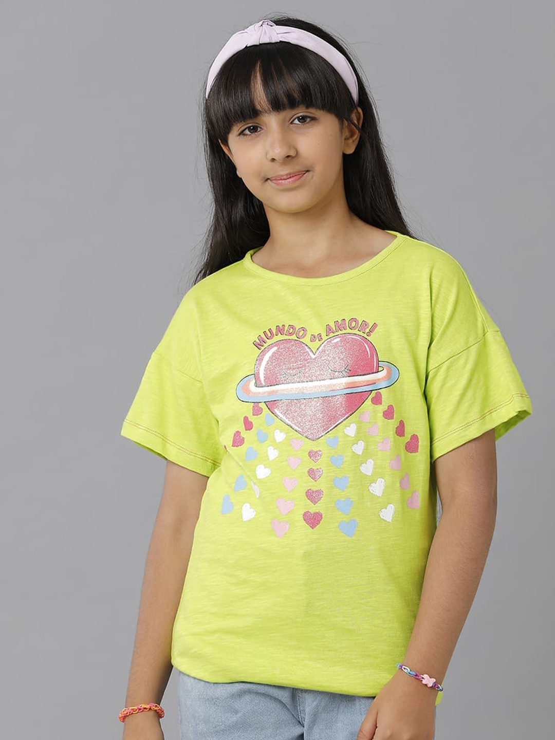 

UNDER FOURTEEN ONLY Girls Graphic Printed Drop-Shoulder Sleeves Cotton T-shirt, Lime green