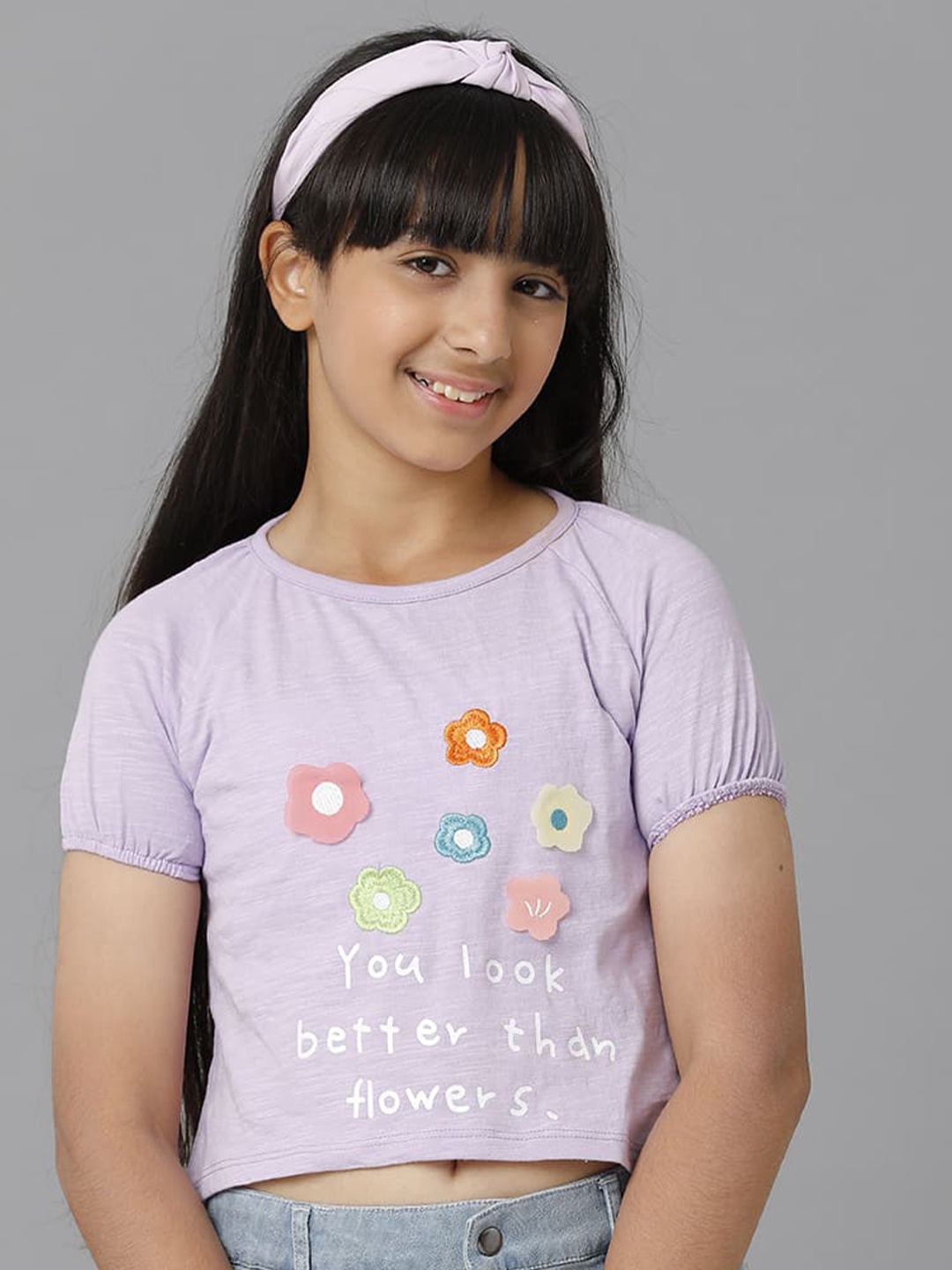 

UNDER FOURTEEN ONLY Girls Typography Printed Cotton T-shirt, Purple