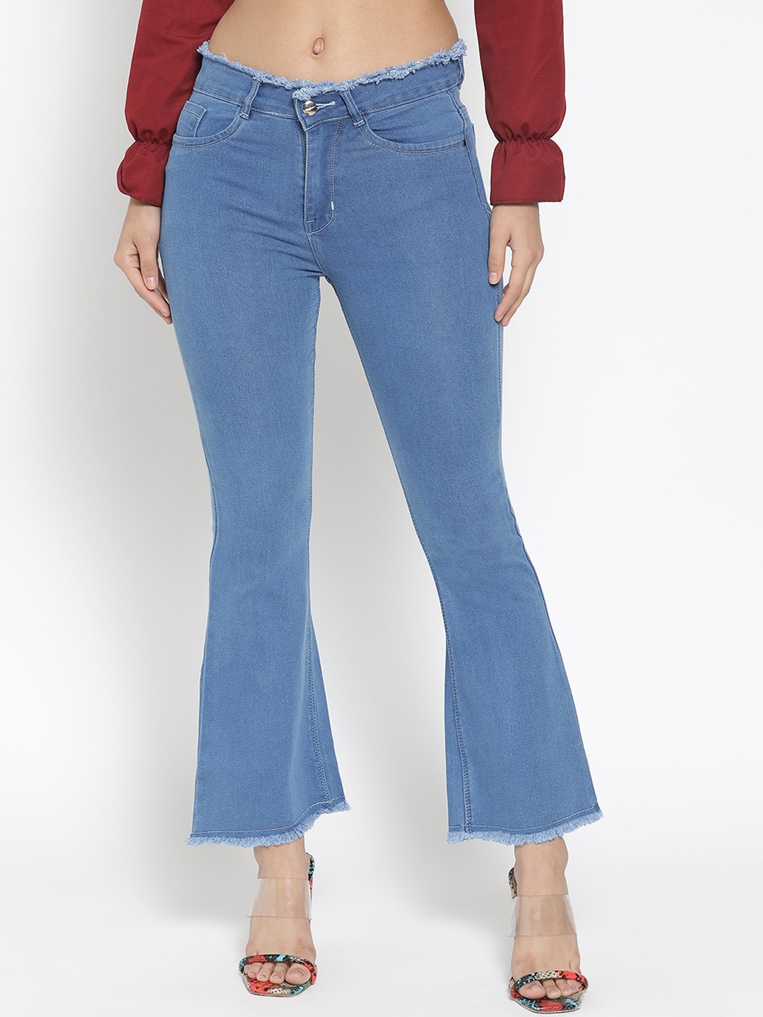 

MARC LOUIS Mid-Rise Frayed Denim Bootcut Cotton Jeans, Blue