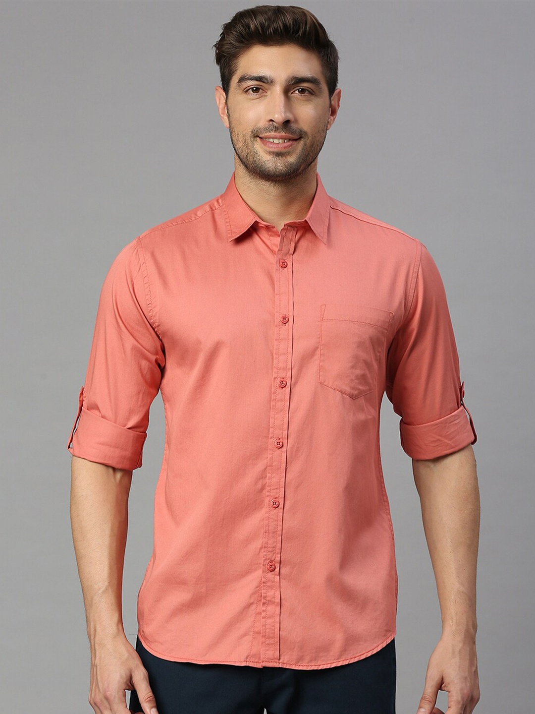 

HERE&NOW Premium Twill Slim Fit Pure Cotton Casual Shirt, Peach