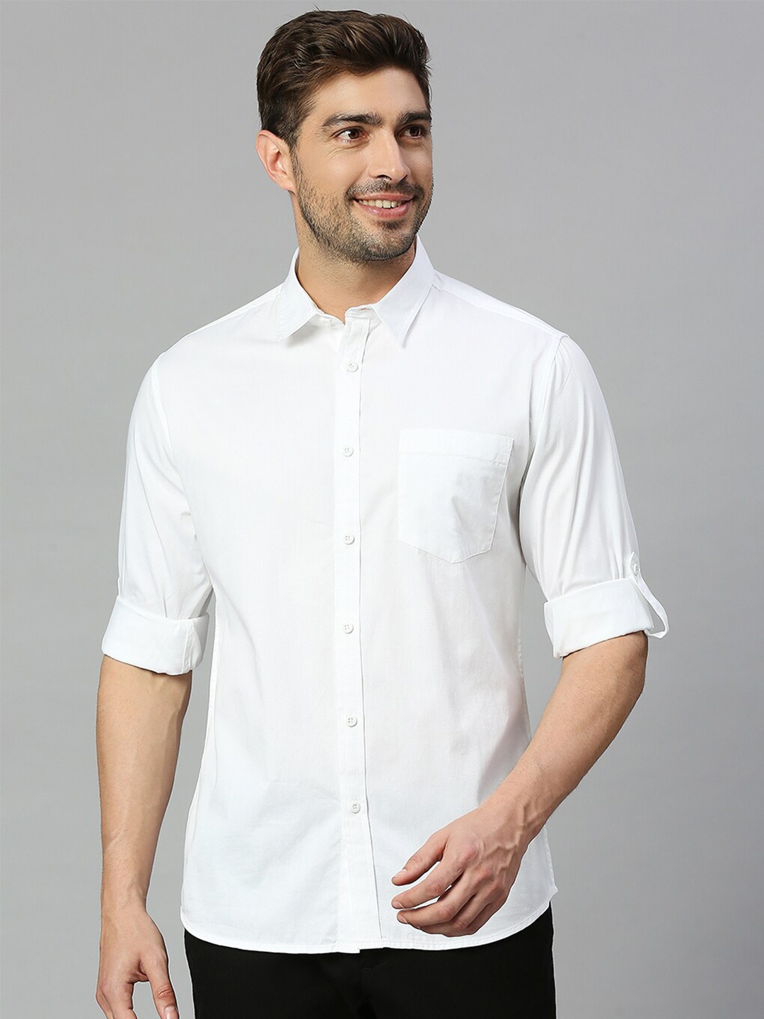 

HERE&NOW Spread Collar Pure Cotton Twill Slim Fit Casual Shirt, White