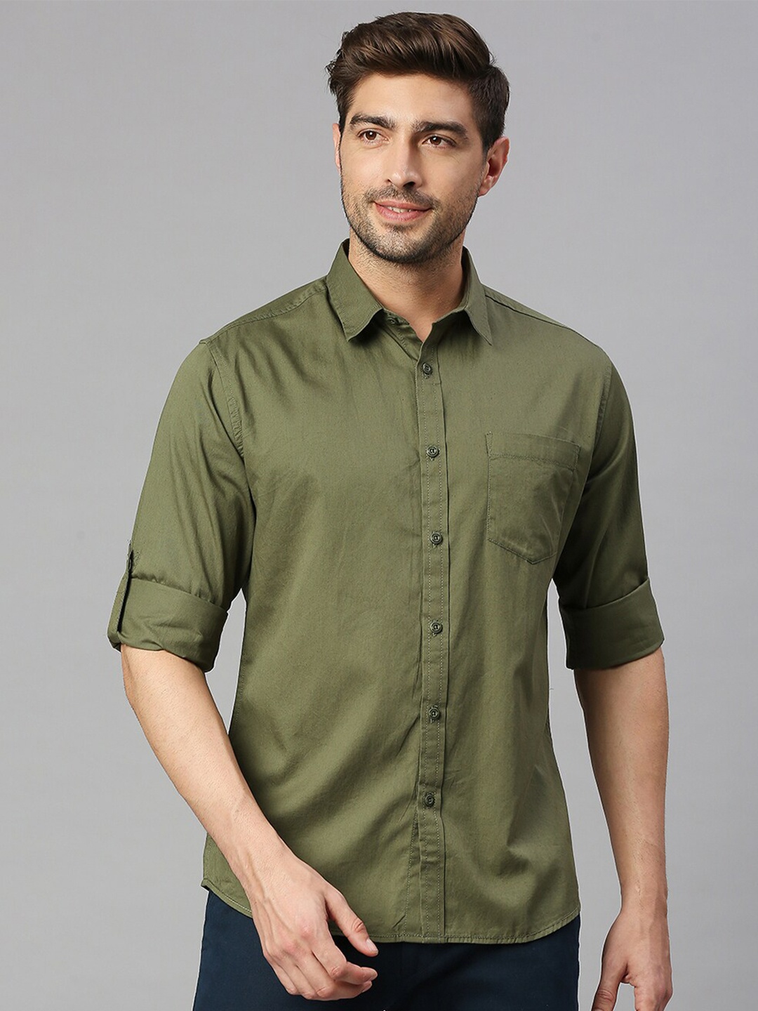 

HERE&NOW Spread Collar Cotton Twill Casual Shirt, Olive