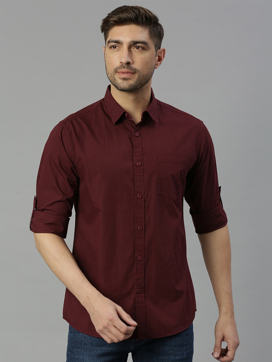 

HERE&NOW SPread Collar Twill Pure Cotton Slim Fit Casual Shirt, Maroon