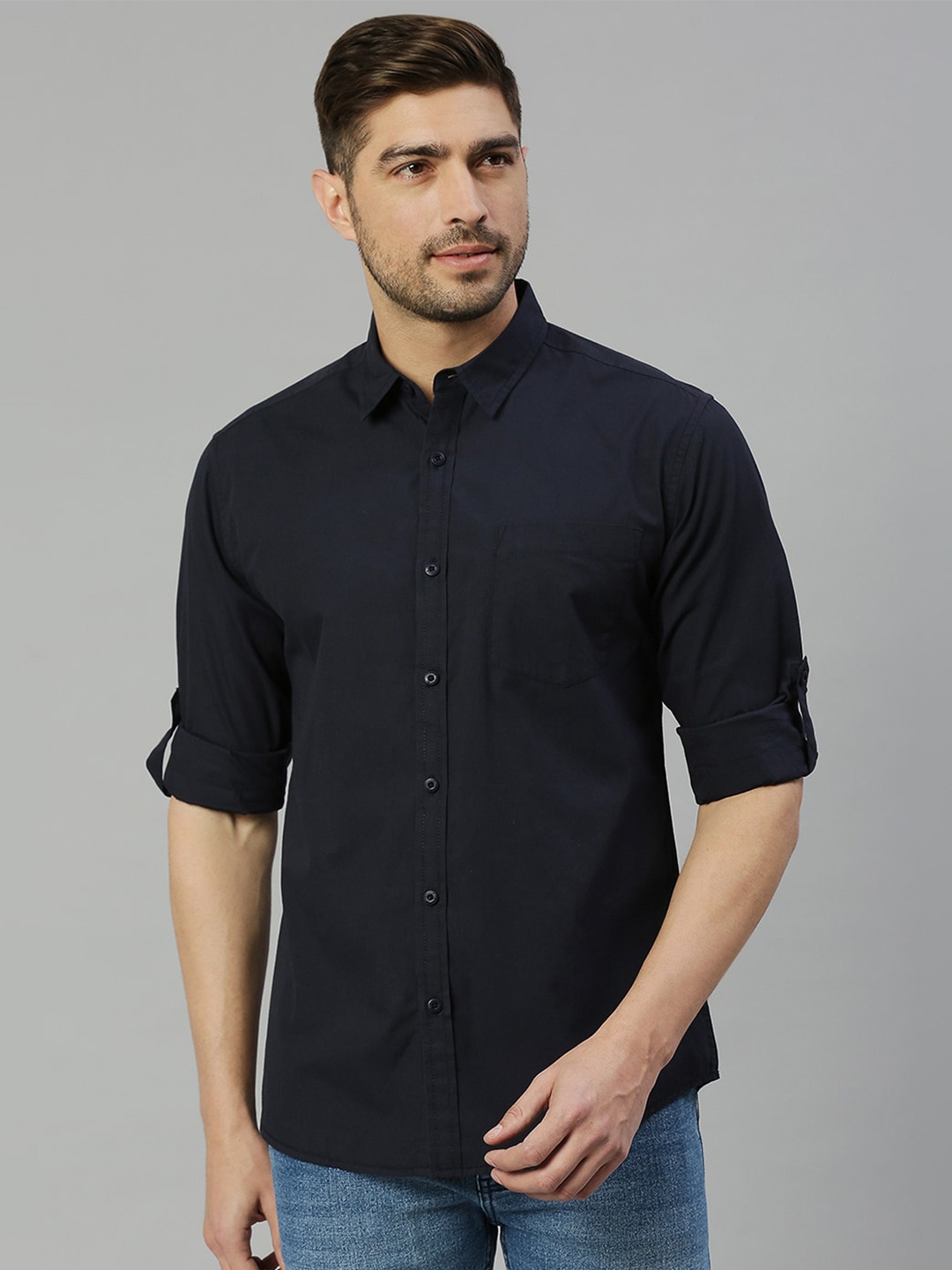 

HERE&NOW Premium Twill Slim Fit Pure Cotton Casual Shirt, Navy blue