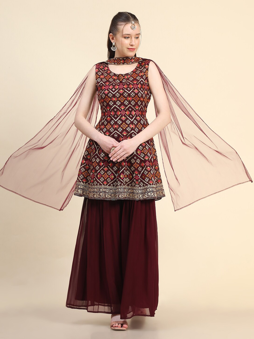 

KALINI Ethnic Motifs Embroidered Panelled Thread Work Kurti With Sharara & Dupatta, Maroon