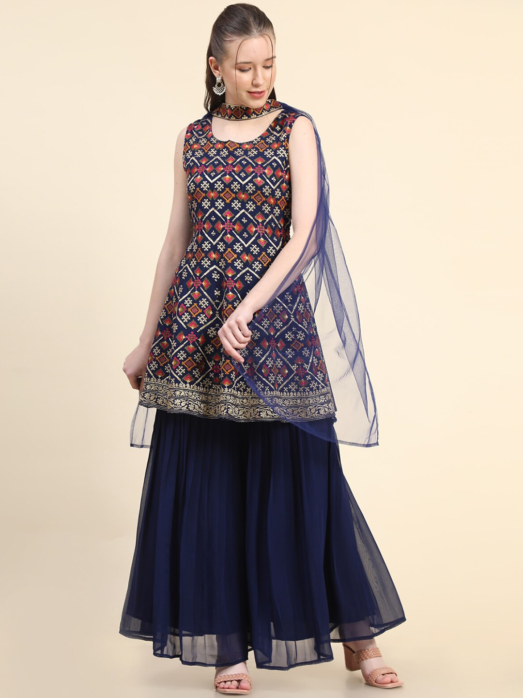 

KALINI Floral Embroidered Layered Kurta with Sharara & Dupatta, Navy blue