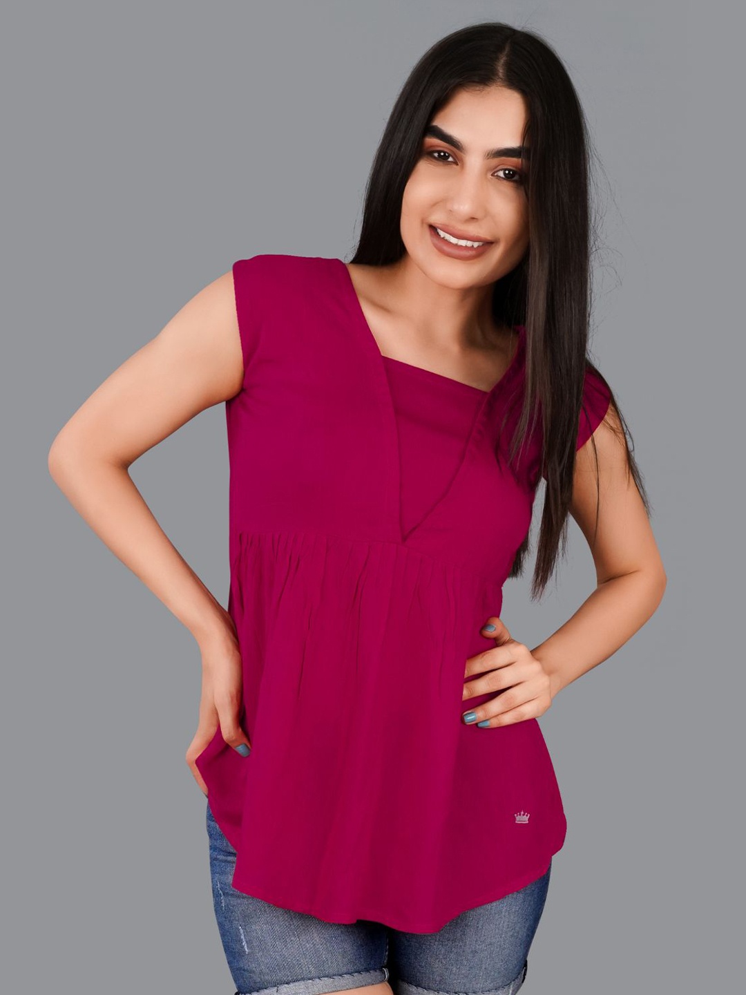 

FRENCH CROWN Square Neck Sleeveless Cotton Peplum Top, Maroon