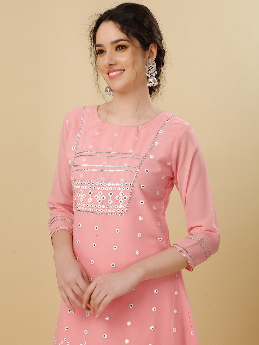 

KALINI Ethnic Motifs Embroidered Mirror Work Georgette Kurti and Sharara with Dupatta, Pink