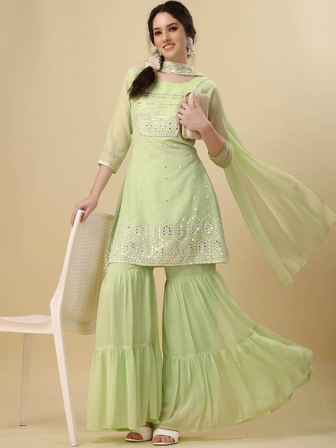 

KALINI Ethnic Motifs Embroidered Mirror Work Georgette Kurti and Sharara with Dupatta, Green