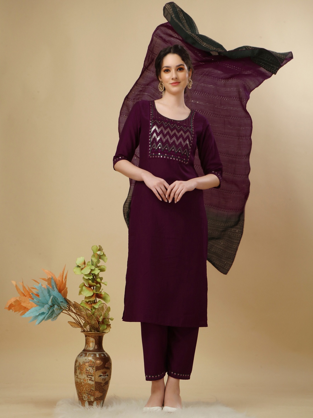 

KALINI Chinon Sequin Embroidered Kurta & Trousers with Ombre Chanderi Dupatta Set, Purple