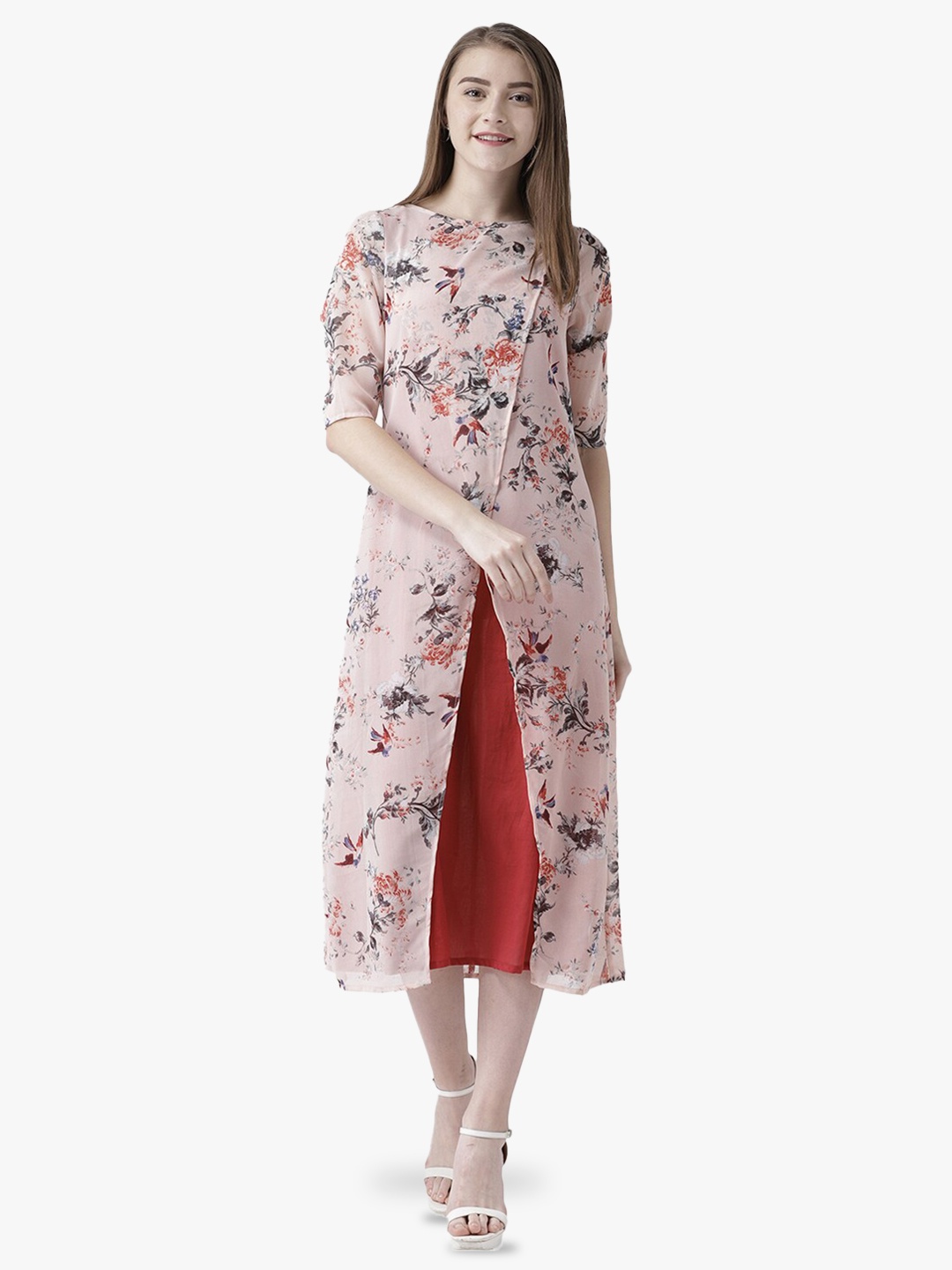 

DODO & MOA Boat Neck Floral Georgette A-Line Midi Dress, Peach