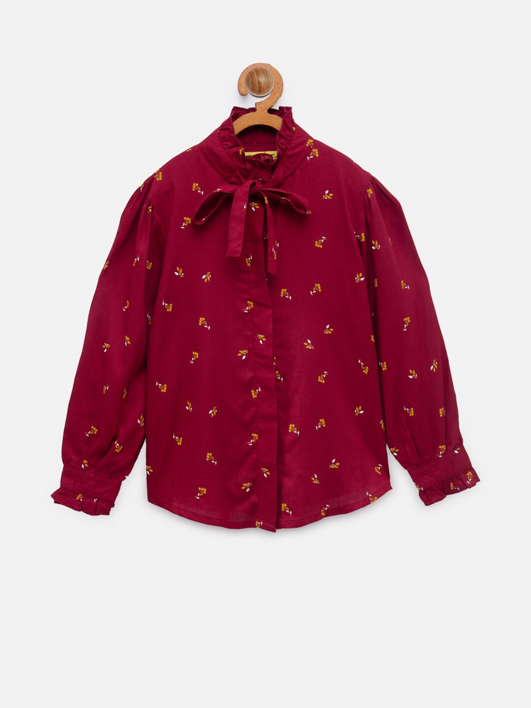 

NYNSH Girls Floral Print Tie-Up Neck Shirt Style Top, Maroon