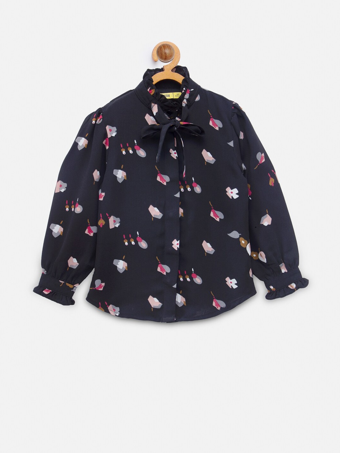 

NYNSH Abstract Print Tie-Up Neck Shirt Style Top, Navy blue
