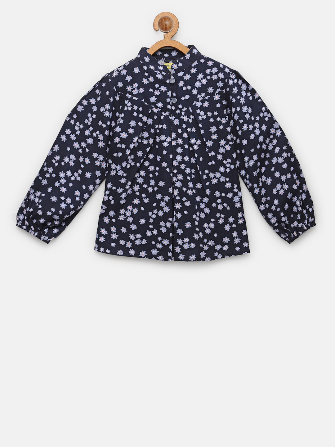 

NYNSH Floral Print Mandarin Collar Pleated Shirt Style Top, Navy blue