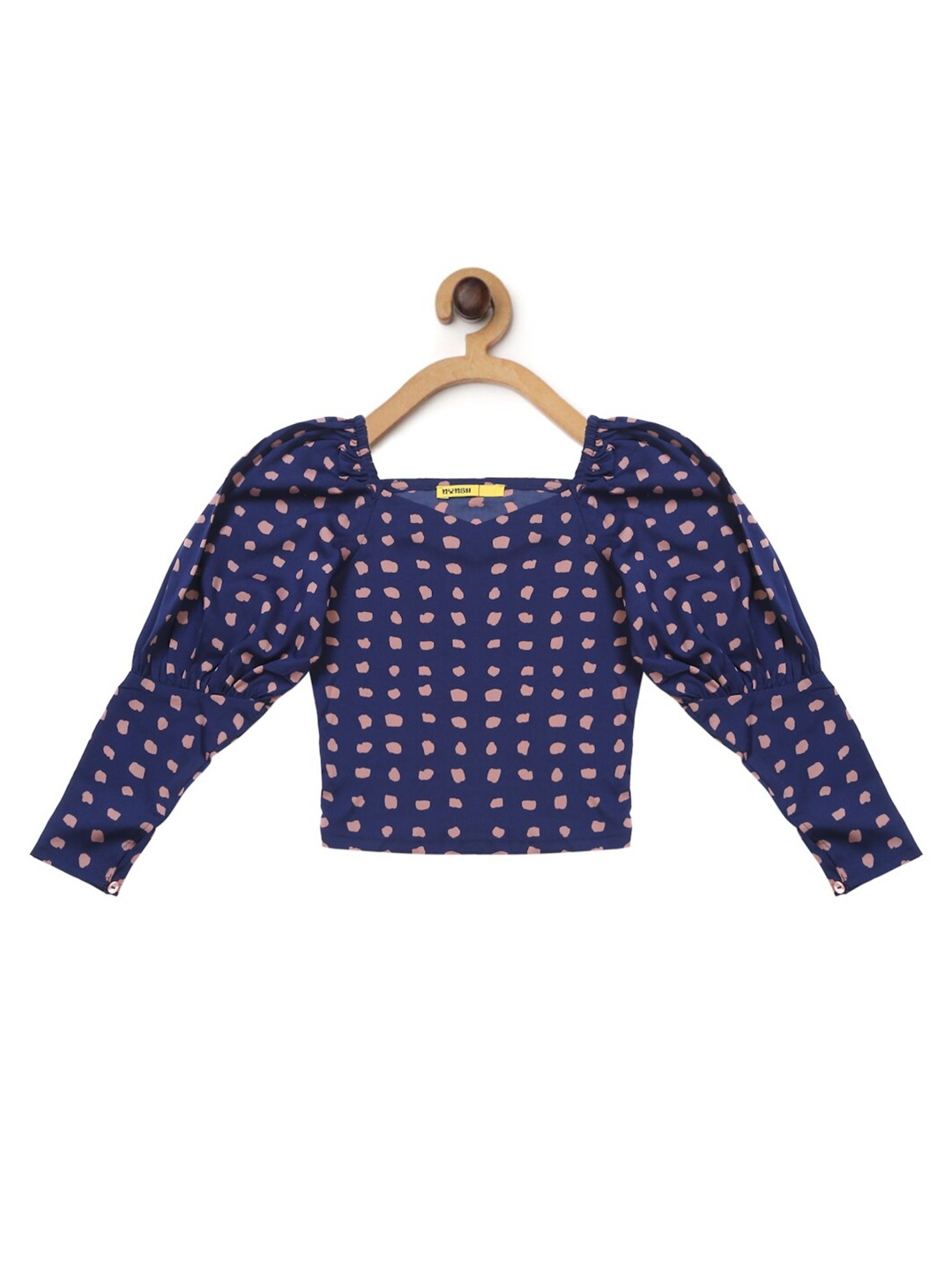 

NYNSH Abstract Printed Square Neck Cuffed Sleeves Top, Navy blue