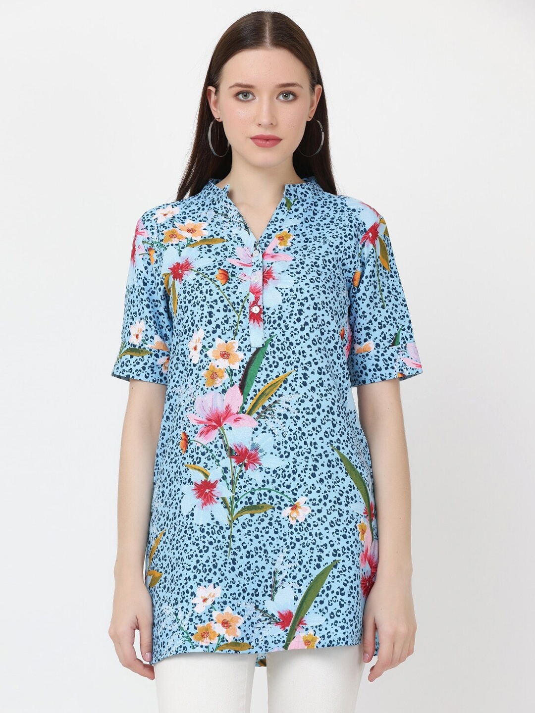 

GRACIT Floral Printed Mandarin Collar Kurti, Blue