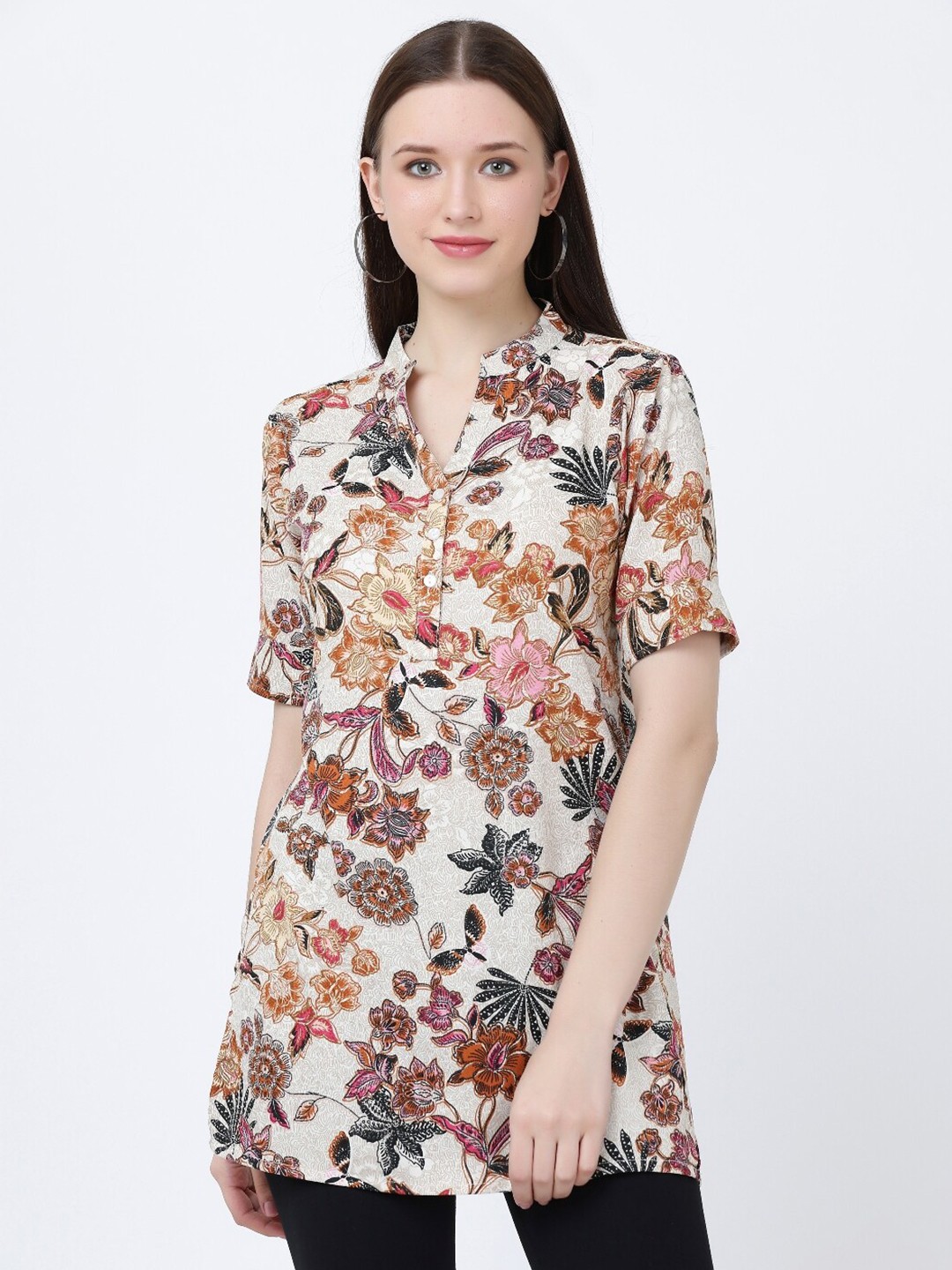 

GRACIT Floral Printed Mandarin Collar Kurti, Cream