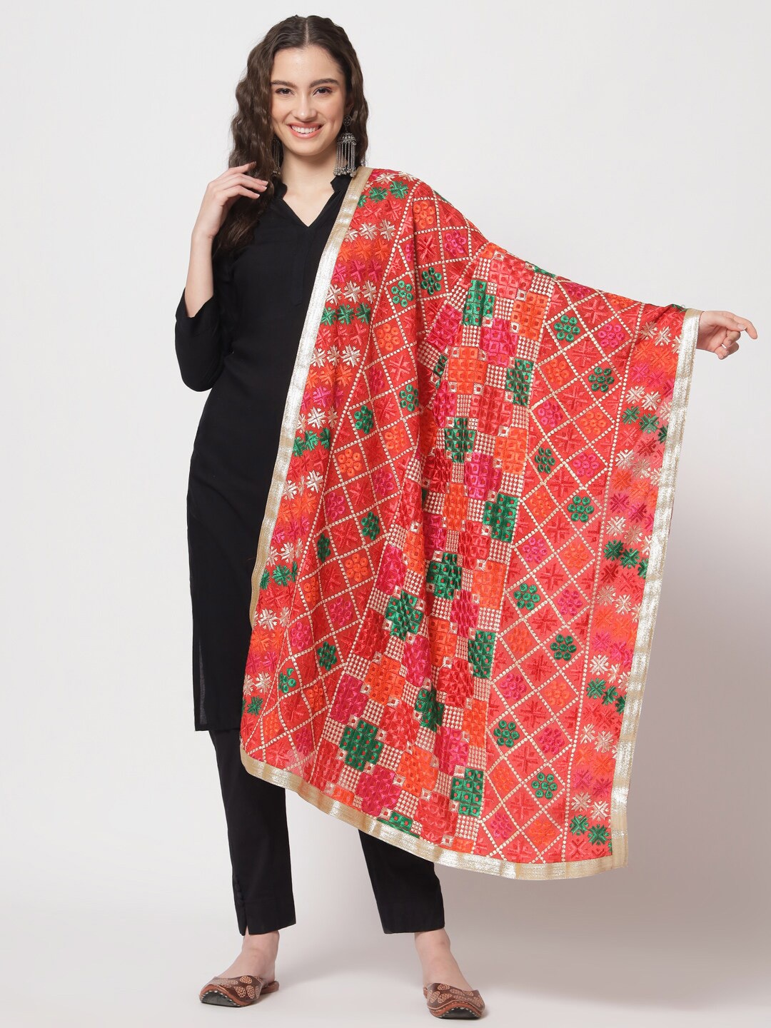 

Zamour Embroidered Dupatta With Phulkari, Red