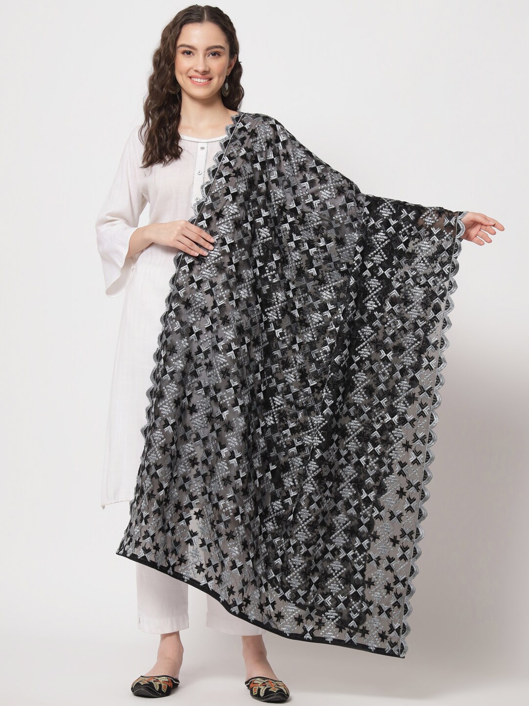 

Zamour Embroidered Organza Dupatta With Phulkari, Black