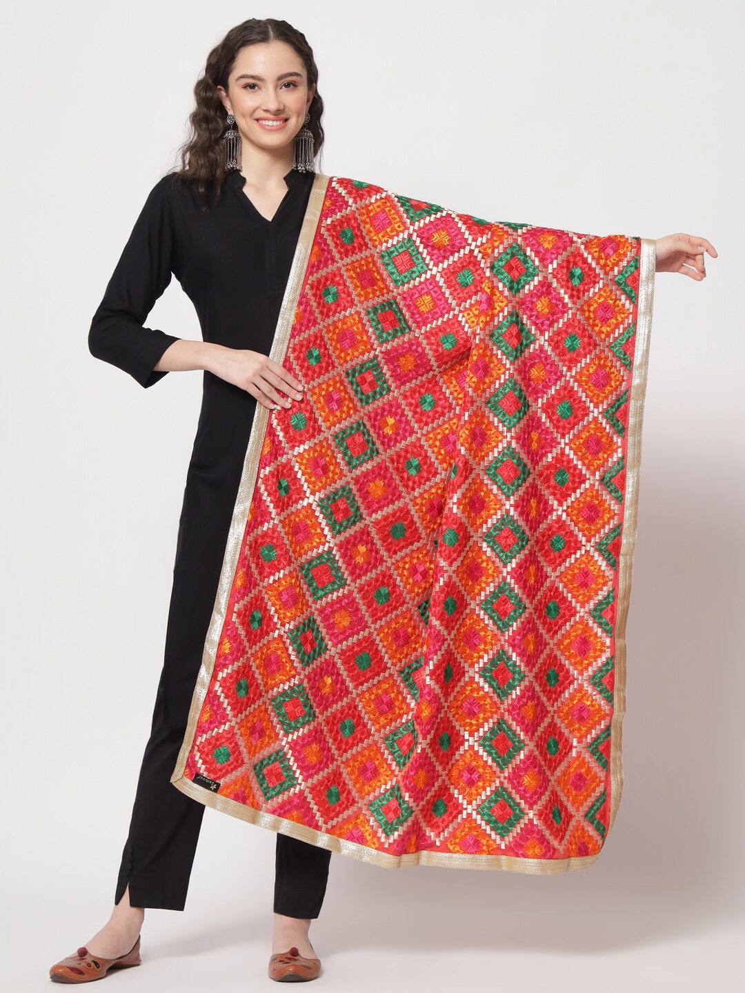 

Zamour Embroidered Dupatta With Phulkari, Red