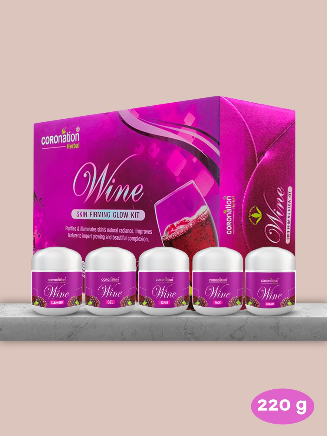 

COROnation Herbal 5-PcsWine Skin Firming Glow Facial Kit - 220 gm, Red