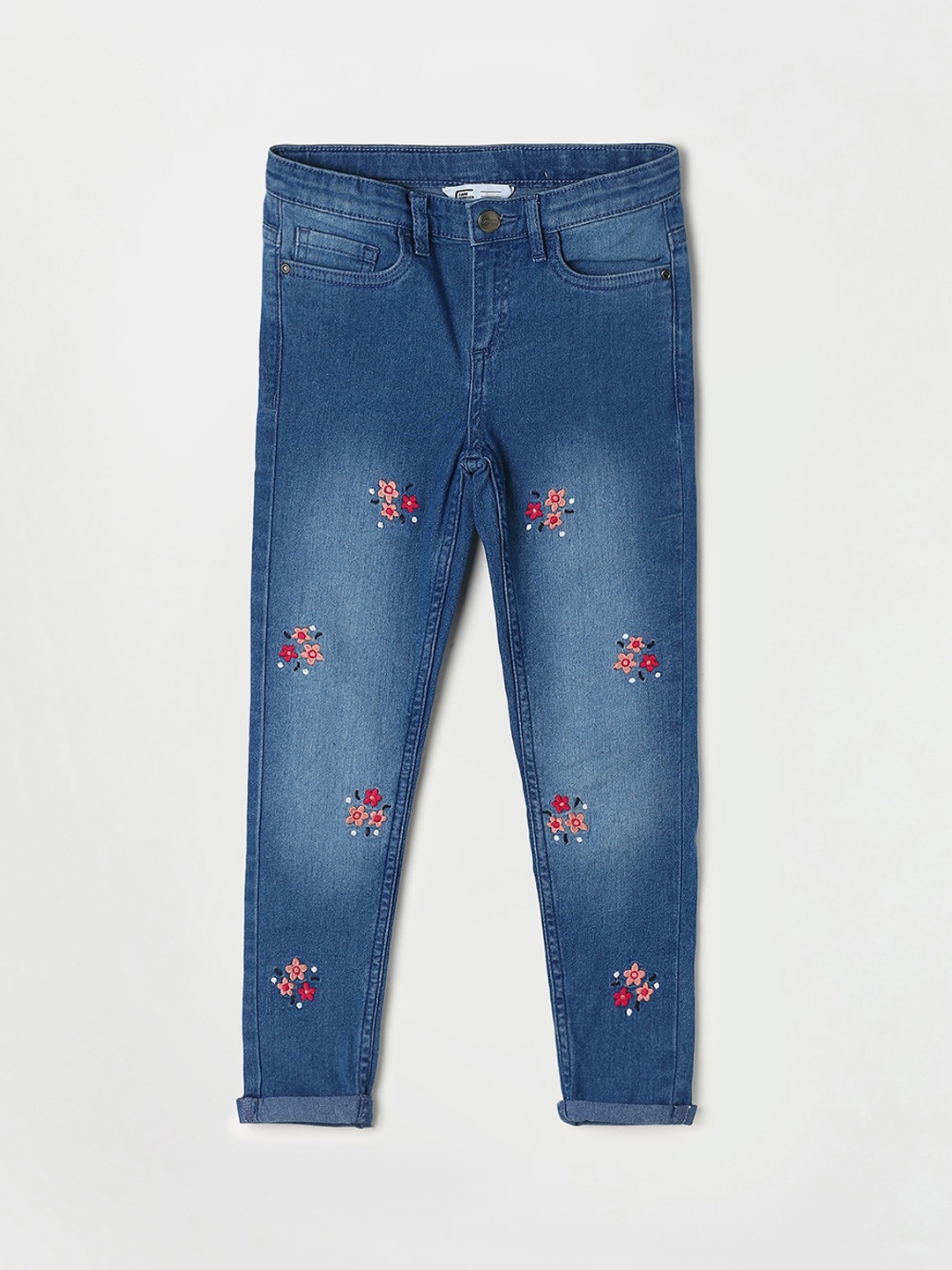 

Fame Forever by Lifestyle Girls Light Fade Cuffed Hem Floral Embroidered Cotton Jeans, Blue