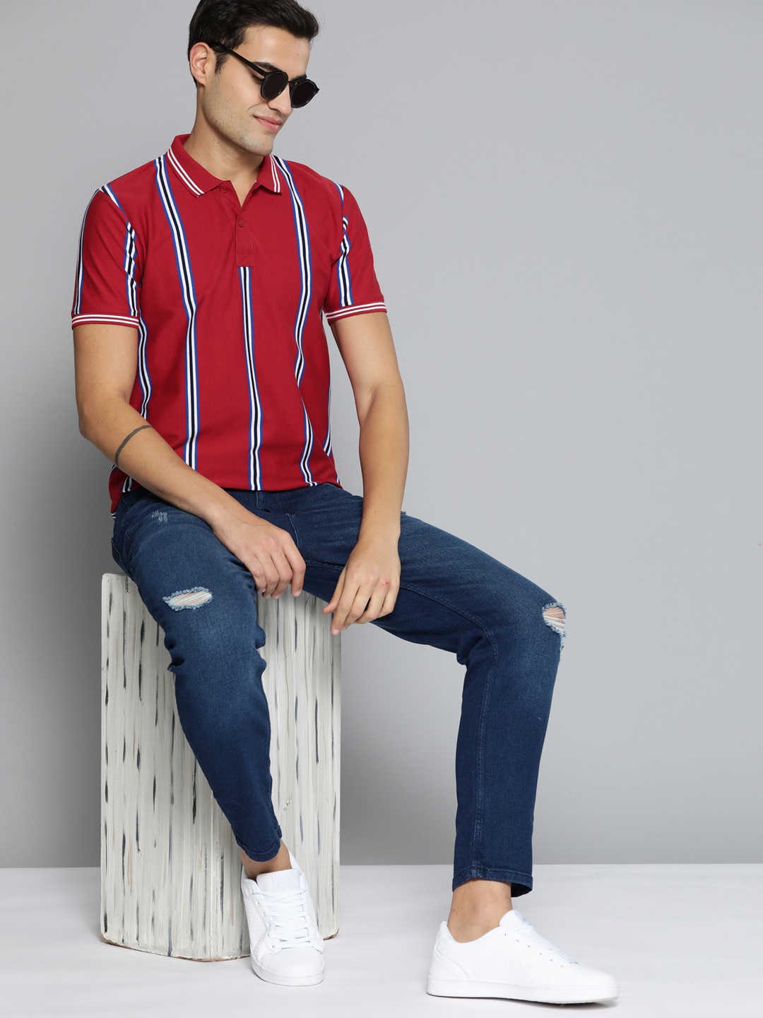 

HERE&NOW Striped Polo Collar T-shirt, Red