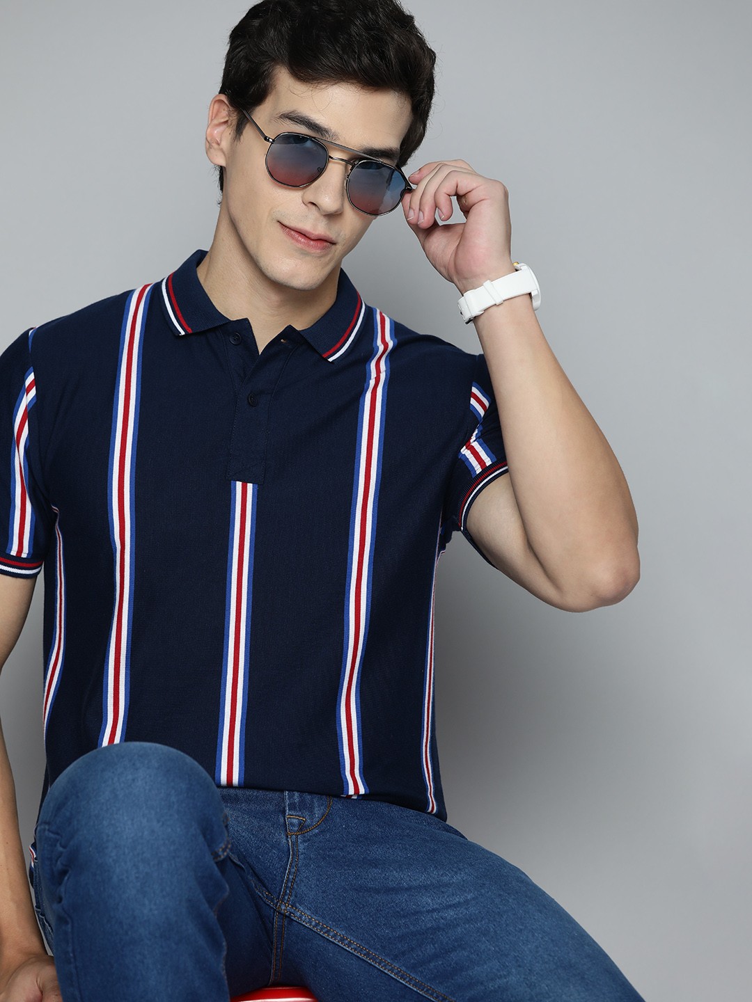 

HERE&NOW Striped Polo Collar T-shirt, Navy blue