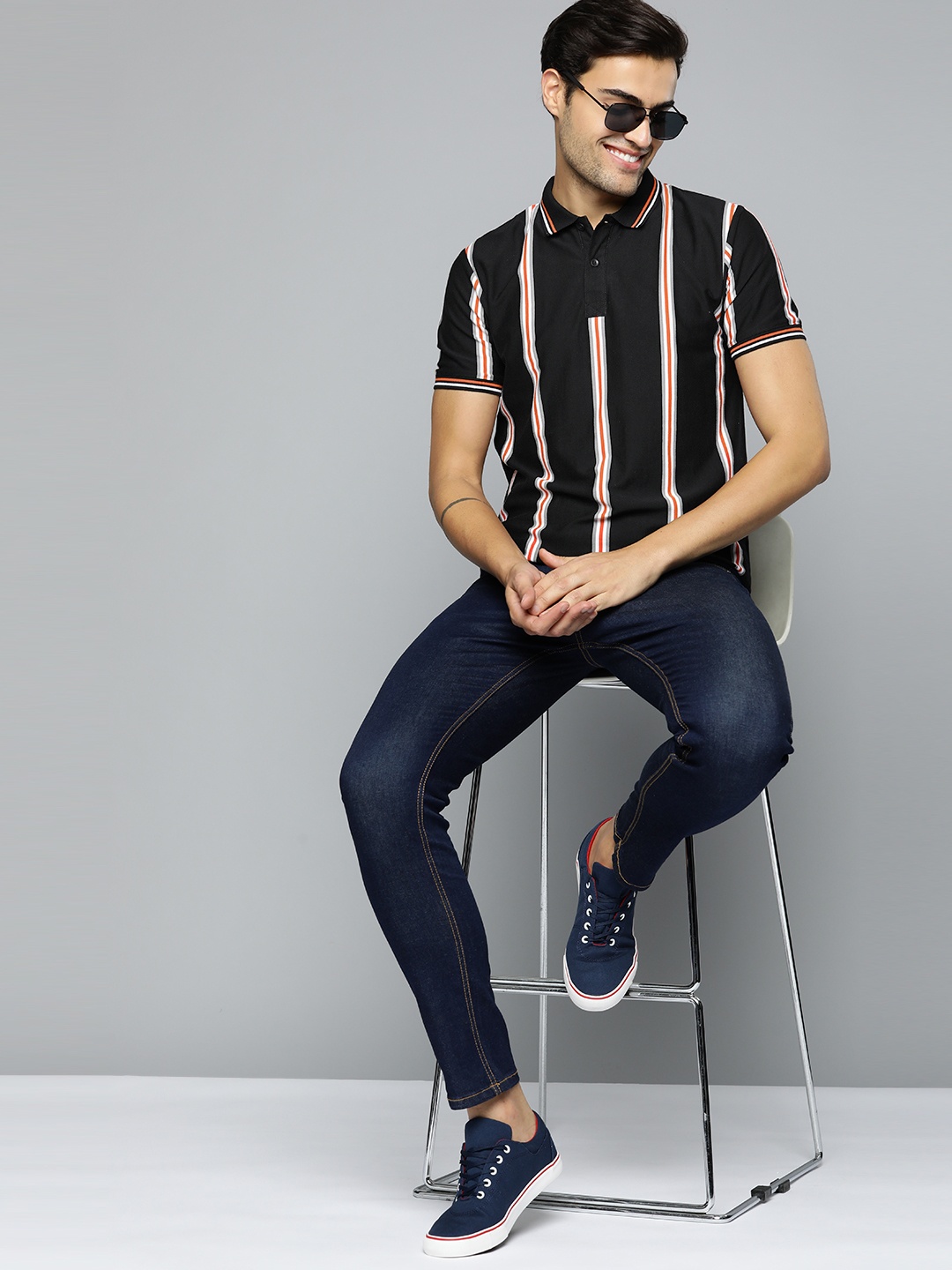 

HERE&NOW Striped Polo Collar T-shirt, Black