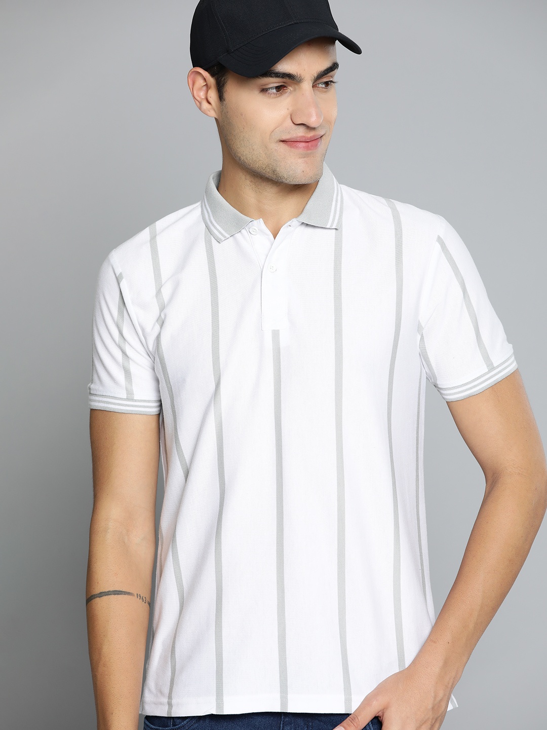 

HERE&NOW Striped Polo Collar T-shirt, White