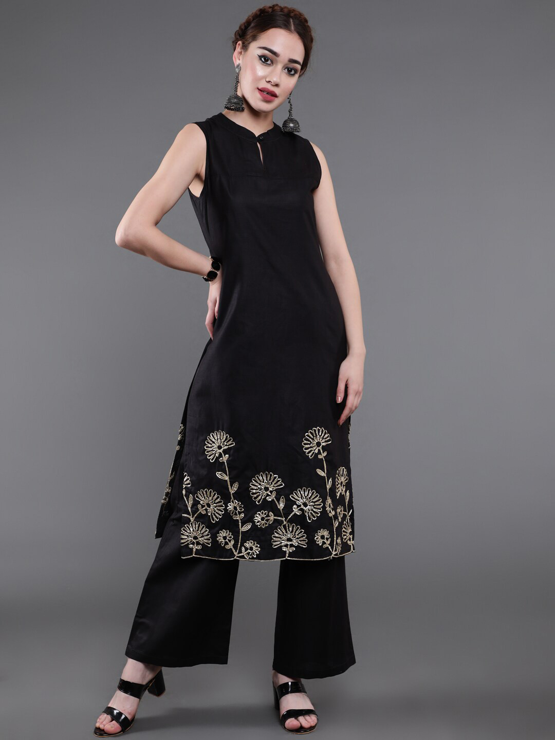 

saubhagya Floral Embroidered Band Collar Thread Work Sleeveless Kurta with Palazzos, Black